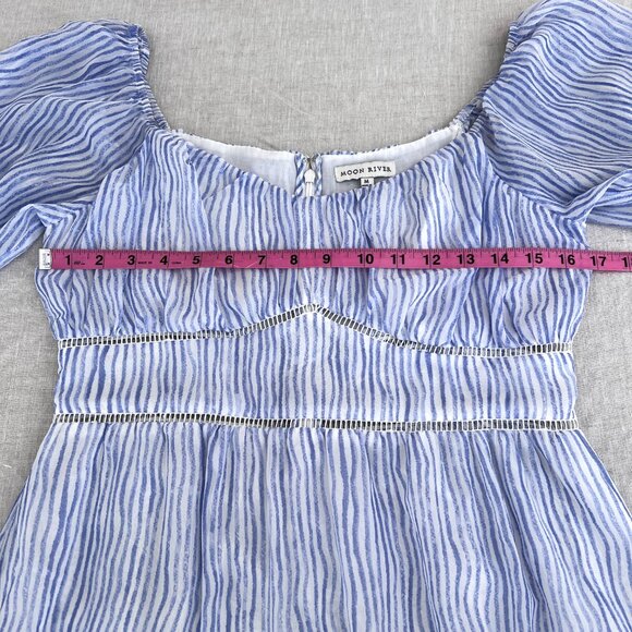 Moon River White & Blue Stripe Puff Sleeve Cottagecore Homemaker Midi Dress Sz M - Picture 12 of 16